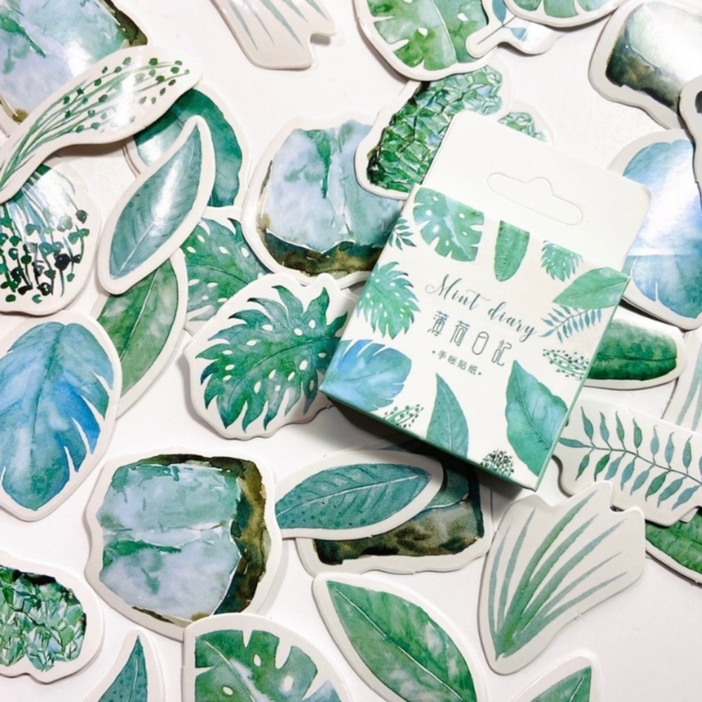 Minty Tropical Leaves and Crystals Stickers 1 box 45 Pieces